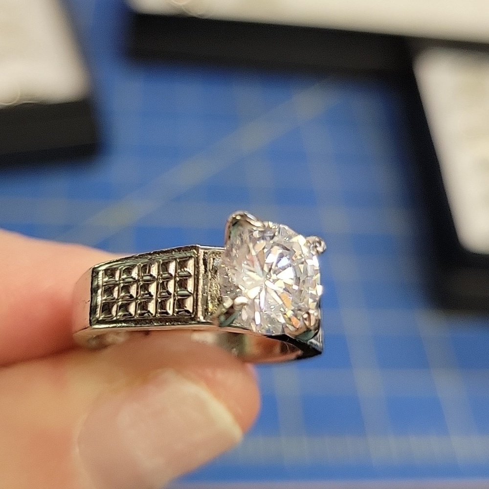 Solitaire Diamond Faux Silver Tone Ring Size 8